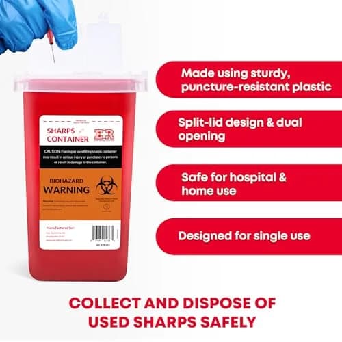 Ever Ready First Aid Sharps Container with Split Lid Design and Locking Mechanism for Sharp Waste Disposal, 1 Quart | Leak-Proof, Puncture-Resistant, Portable thumbnail 3
