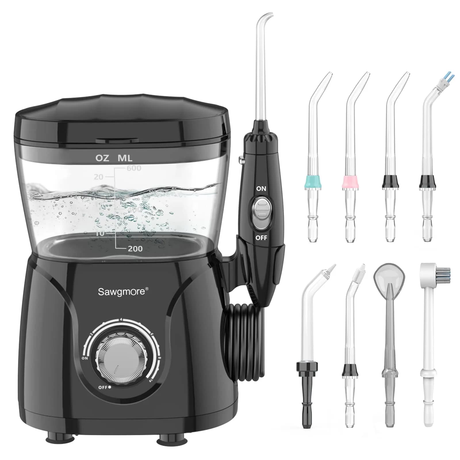 Sawgmore Water Dental Flosser 600ml Electric Oral Irrigator with 10 Pressure Modes & 8 Nozzles | 1250-1700 Pulses/Min — Black