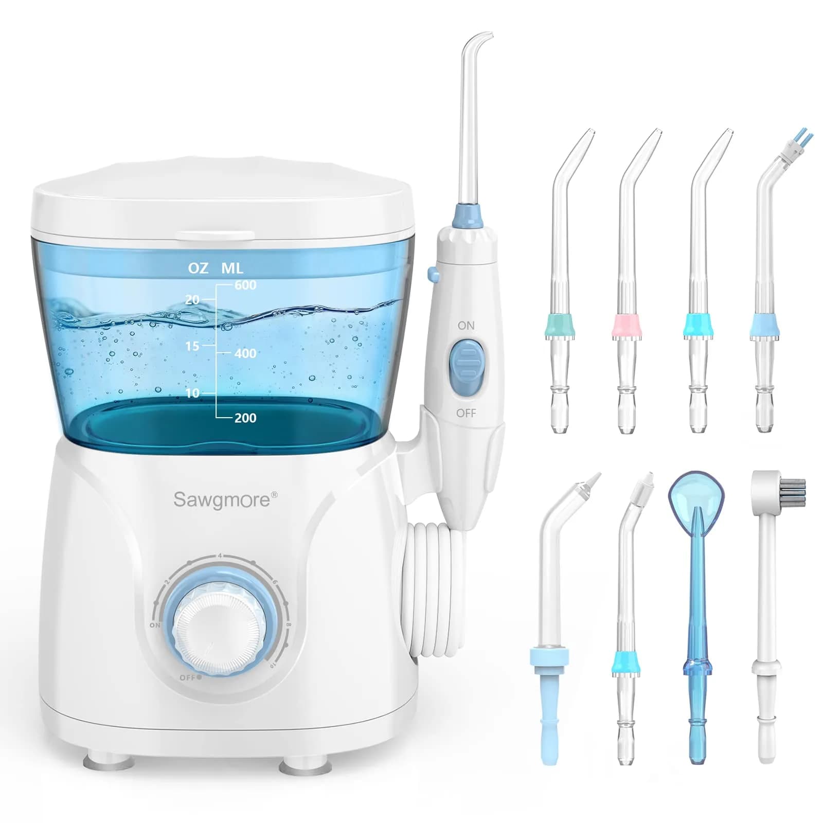 Sawgmore Water Dental Flosser 600ml Electric Oral Irrigator with 10 Pressure Modes & 8 Nozzles | 1250-1700 Pulses/Min - main product image