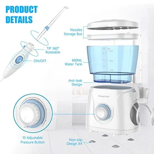 Sawgmore Water Dental Flosser 600ml Electric Oral Irrigator with 10 Pressure Modes & 8 Nozzles | 1250-1700 Pulses/Min thumbnail 6