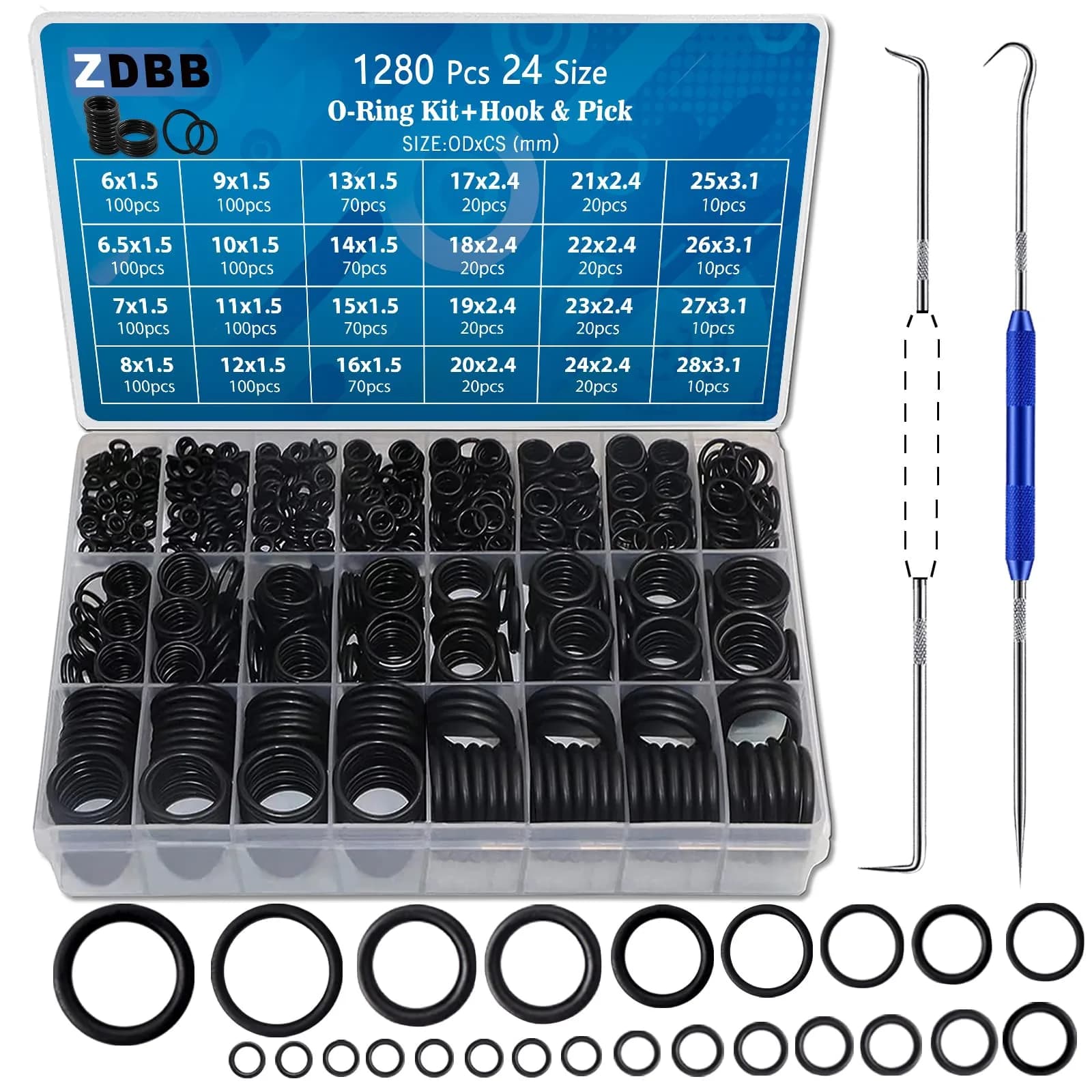 ZDBB Black Rubber O Ring Set 1120 Pcs | Assorted Metric Sealing Washers for Plumbing and Auto Repair — OD Metric 24 Size with Pick 1280 Pcs
