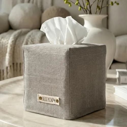 KIBAGA Gray Linen Facial Tissue Holder for Square Tissue Boxes | Stylish Home Decor thumbnail 1