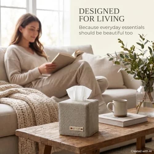KIBAGA Gray Linen Facial Tissue Holder for Square Tissue Boxes | Stylish Home Decor thumbnail 5