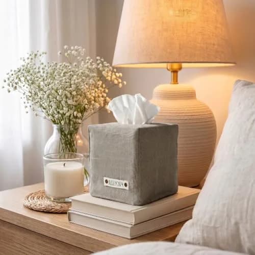 KIBAGA Gray Linen Facial Tissue Holder for Square Tissue Boxes | Stylish Home Decor thumbnail 8