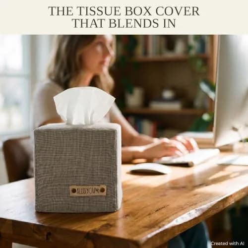 KIBAGA Gray Linen Facial Tissue Holder for Square Tissue Boxes | Stylish Home Decor thumbnail 9