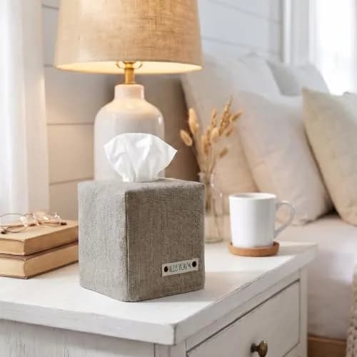 KIBAGA Gray Linen Facial Tissue Holder for Square Tissue Boxes | Stylish Home Decor thumbnail 2