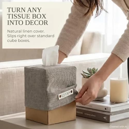 KIBAGA Gray Linen Facial Tissue Holder for Square Tissue Boxes | Stylish Home Decor thumbnail 3