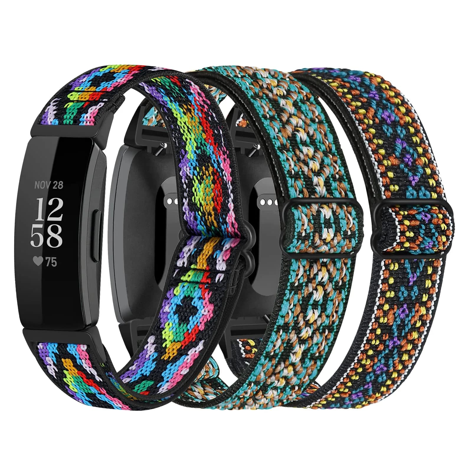 DKGKOO 3-Pack Elastic Nylon Bands for Fitbit Inspire 2 / Inspire HR / Inspire / Ace 2 | Breathable, Adjustable, Unisex — Boho Green+Boho Purple+Boho Color