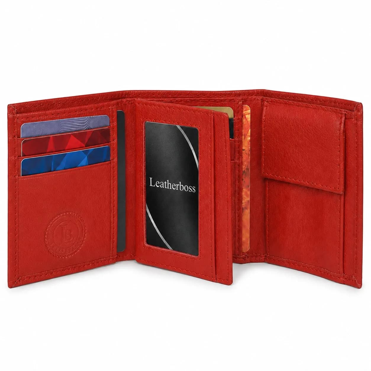 LB LEATHERBOSS Genuine Leather Trifold Wallet for Men & Women | Slim Compact Brown (10.6cm x 8.6cm x 3.5cm) — Red