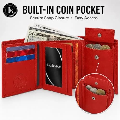 LB LEATHERBOSS Boys Slim Compact Trifold Wallet with ID and Coin Pocket (Red) | Genuine Leather thumbnail 2