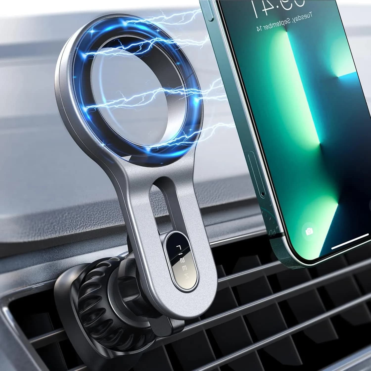 LISEN MagSafe Car Mount Silver | Strong Magnetic Vent Holder for iPhone 12-17 & Smartphones