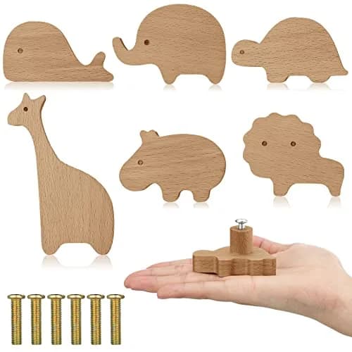 Qunclay Wooden Animal Dresser Knobs 6 Sets | Zoo Theme, Polished Wood thumbnail 1