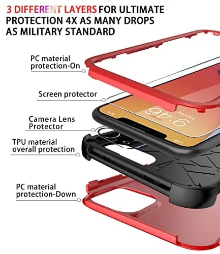 Diverbox Heavy Duty Protection Case for iPhone 11 | Shockproof & Dropproof with Tempered Glass Screen Protector (6.1 inch, Red) thumbnail 6