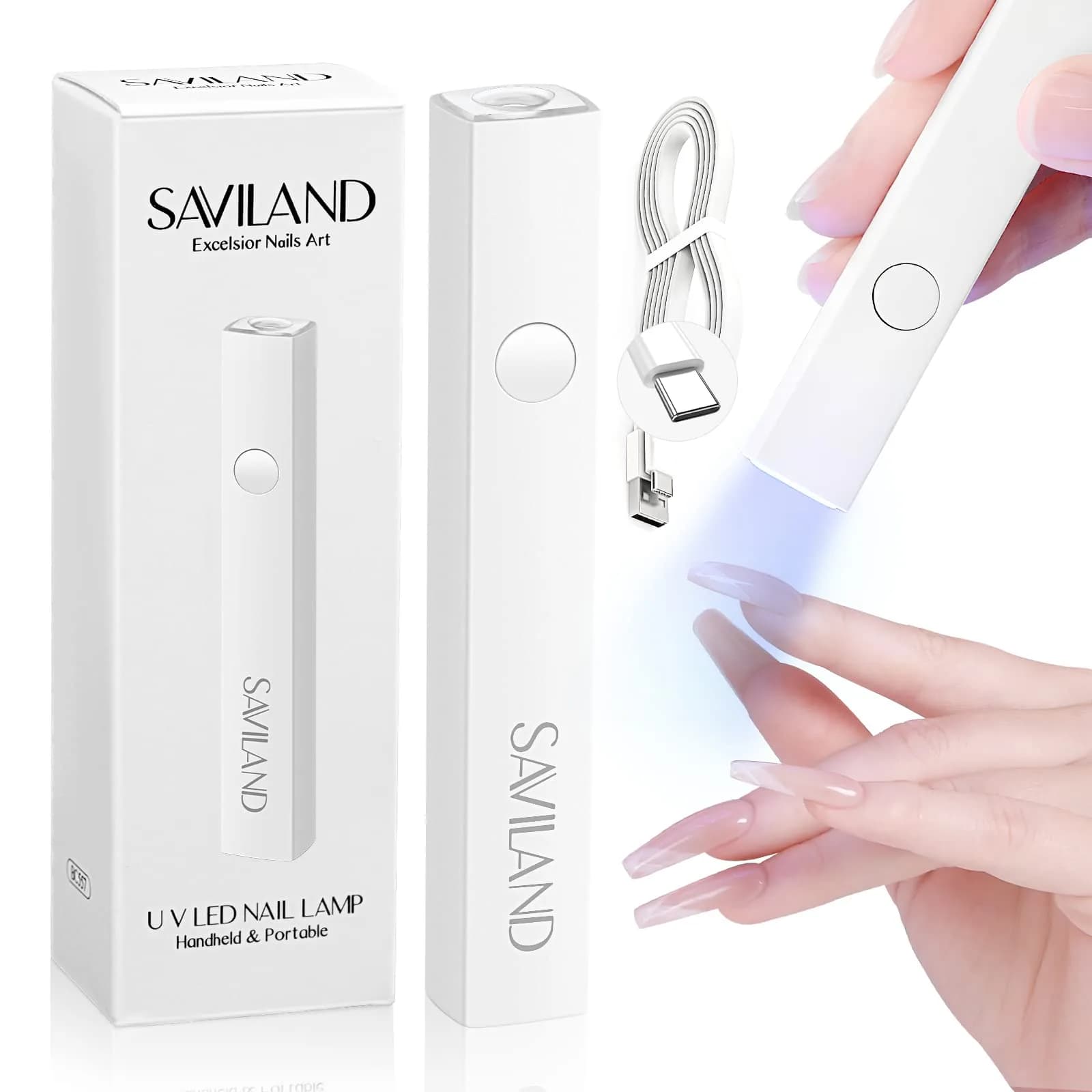 SAVILAND Handheld UV LED Nail Lamp Purple | Portable Rechargeable for Gel Polish Curing — White