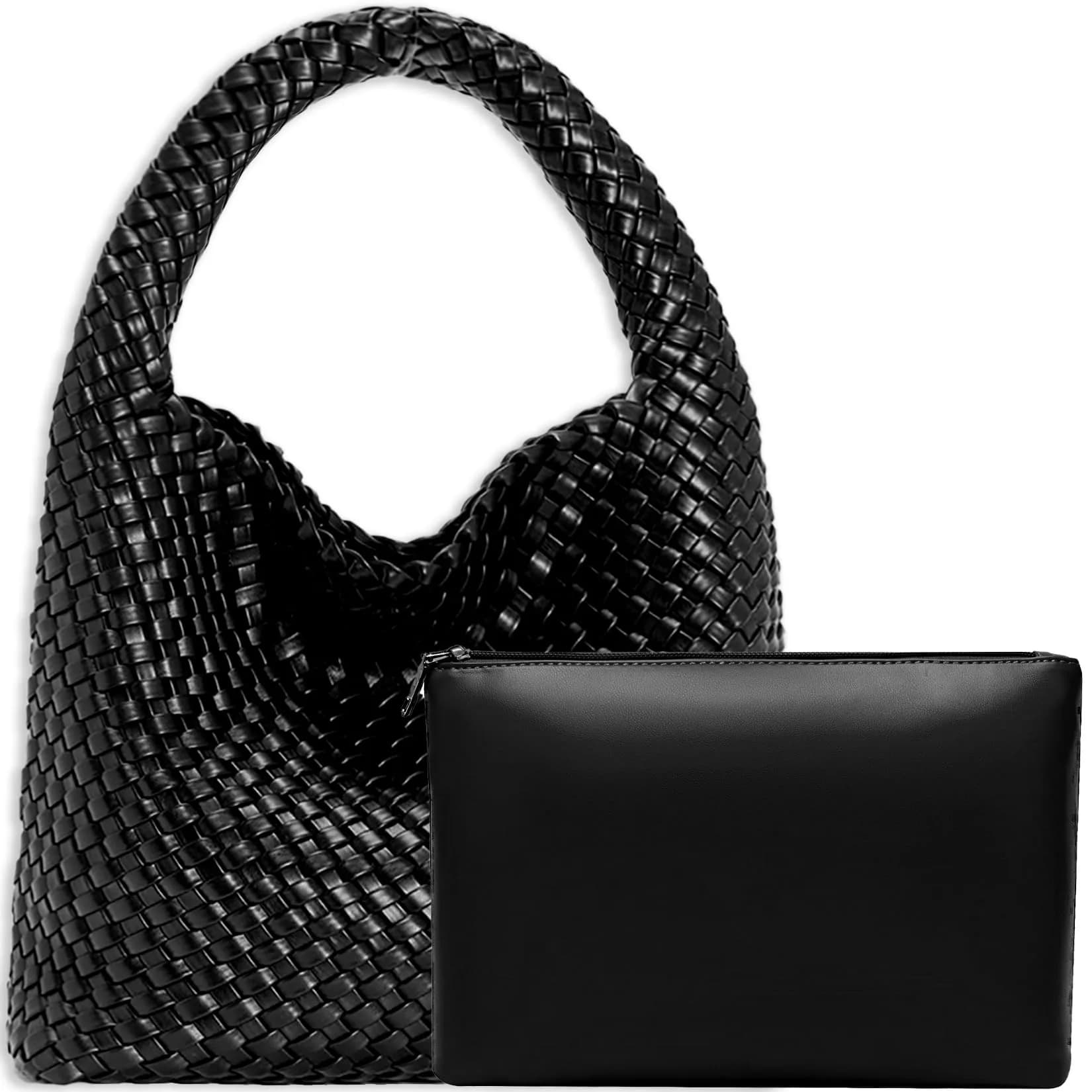 JINMANXUE Woven Tote Bag for Women, Large Vegan Leather Hobo Handbag, 39.6cm (15.6in) | Chic Retro Style — Black
