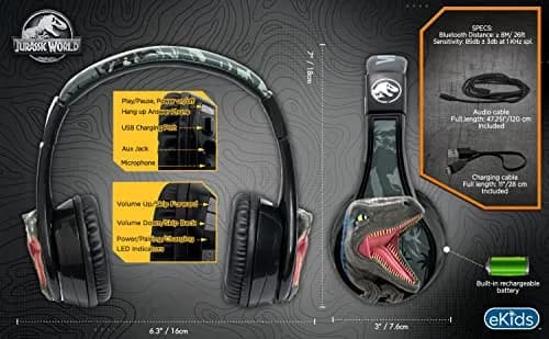 eKids Jurassic World Bluetooth Headphones for Kids, Wireless Over-Ear Headphones with Microphone | Kid-Friendly Stereo Sound thumbnail 4