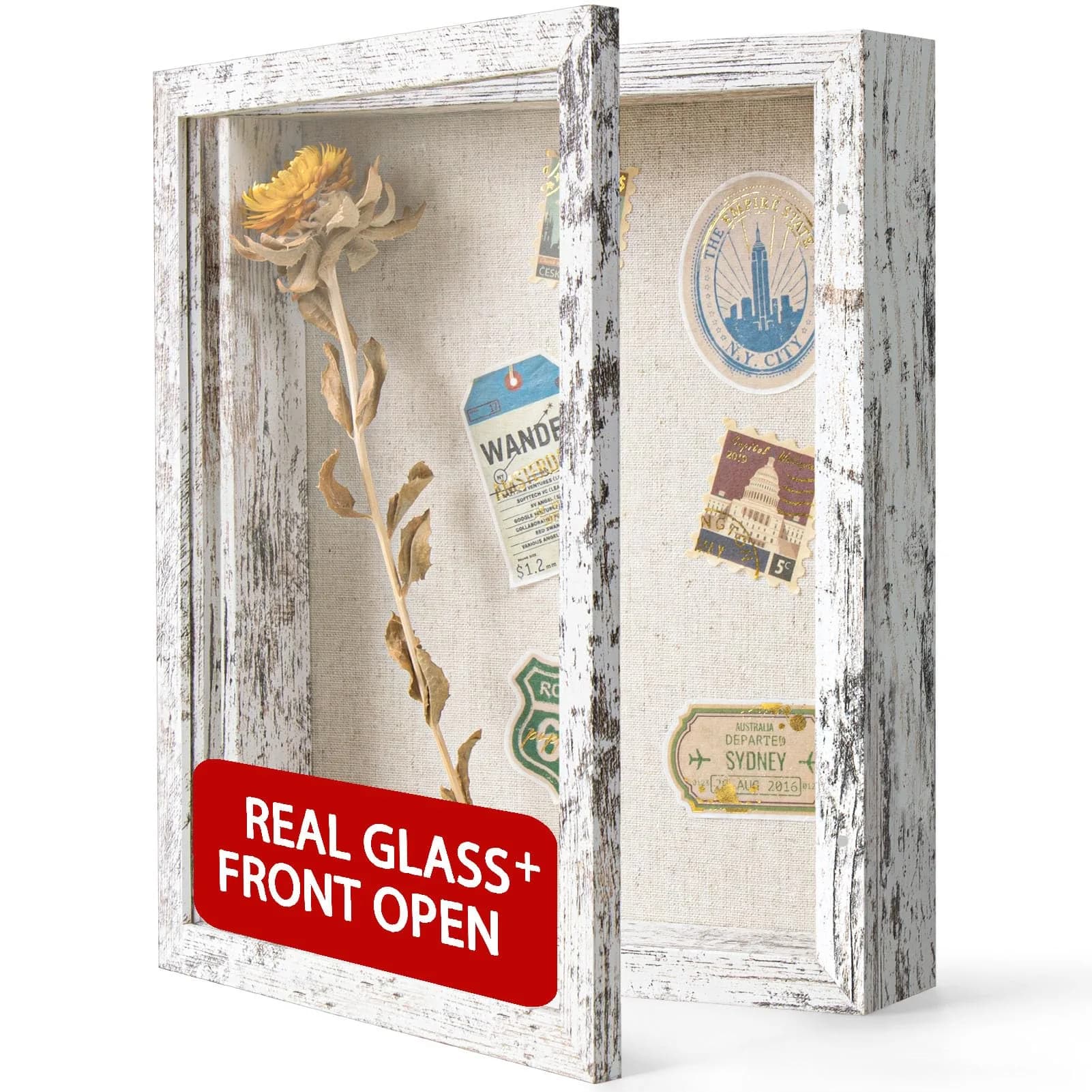 Califortree 8x10 Shadow Box Frame with Linen Back | Rustic Wall Display with Glass & Push Pins - main product image
