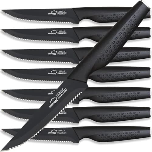 Amorston Steak Knives Set of 8, Serrated High Carbon Stainless Steel Blades 20.3 cm (8 inches) | Dishwasher Safe Black Kitchen Knives thumbnail 1