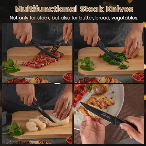 Amorston Steak Knives Set of 8, Serrated High Carbon Stainless Steel Blades 20.3 cm (8 inches) | Dishwasher Safe Black Kitchen Knives thumbnail 5