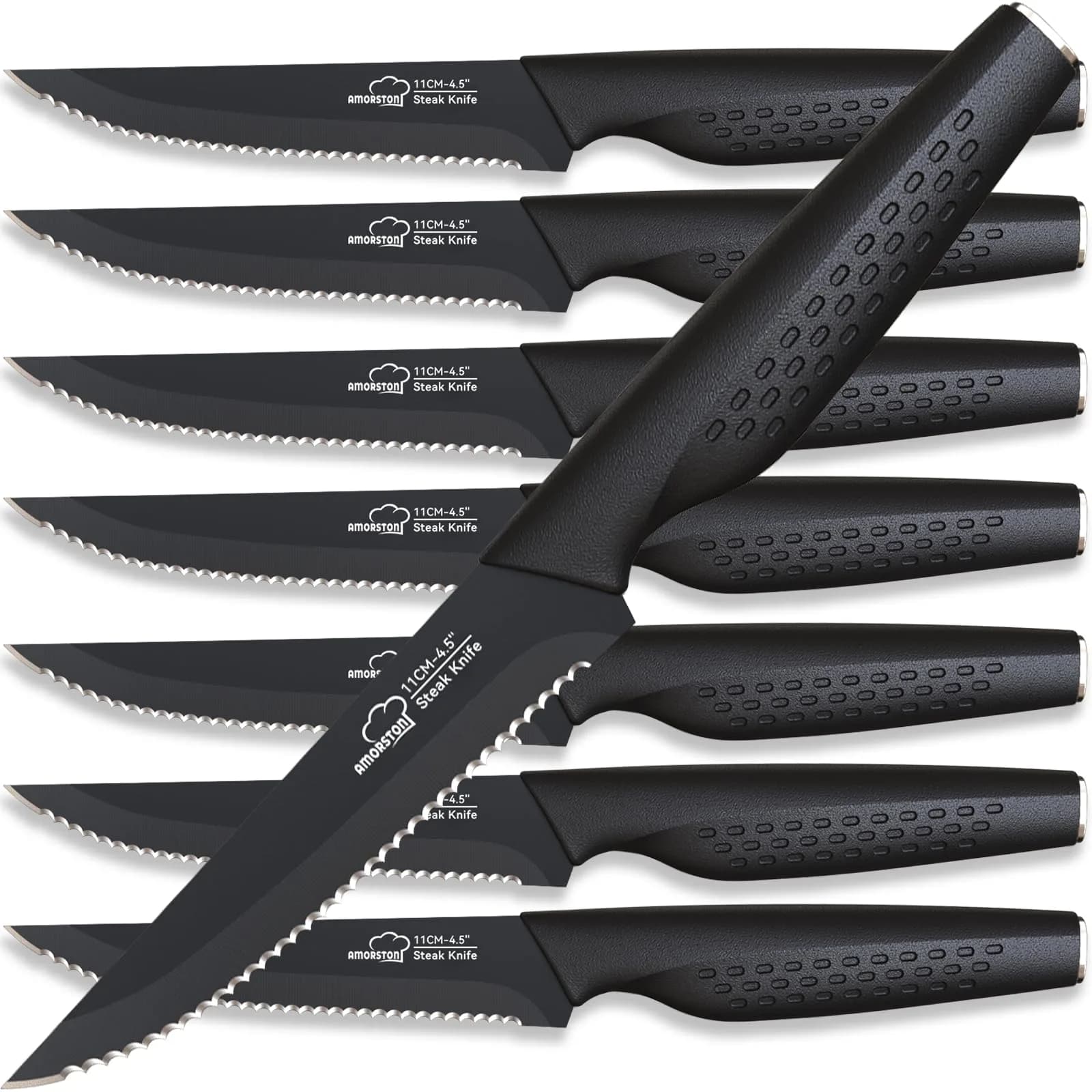 Amorston Steak Knives Set of 8, Serrated High Carbon Stainless Steel Blades 20.3 cm (8 inches) | Dishwasher Safe Black Kitchen Knives - main product image