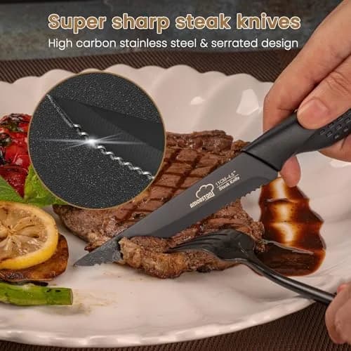 Amorston Steak Knives Set of 8, Serrated High Carbon Stainless Steel Blades 20.3 cm (8 inches) | Dishwasher Safe Black Kitchen Knives thumbnail 2