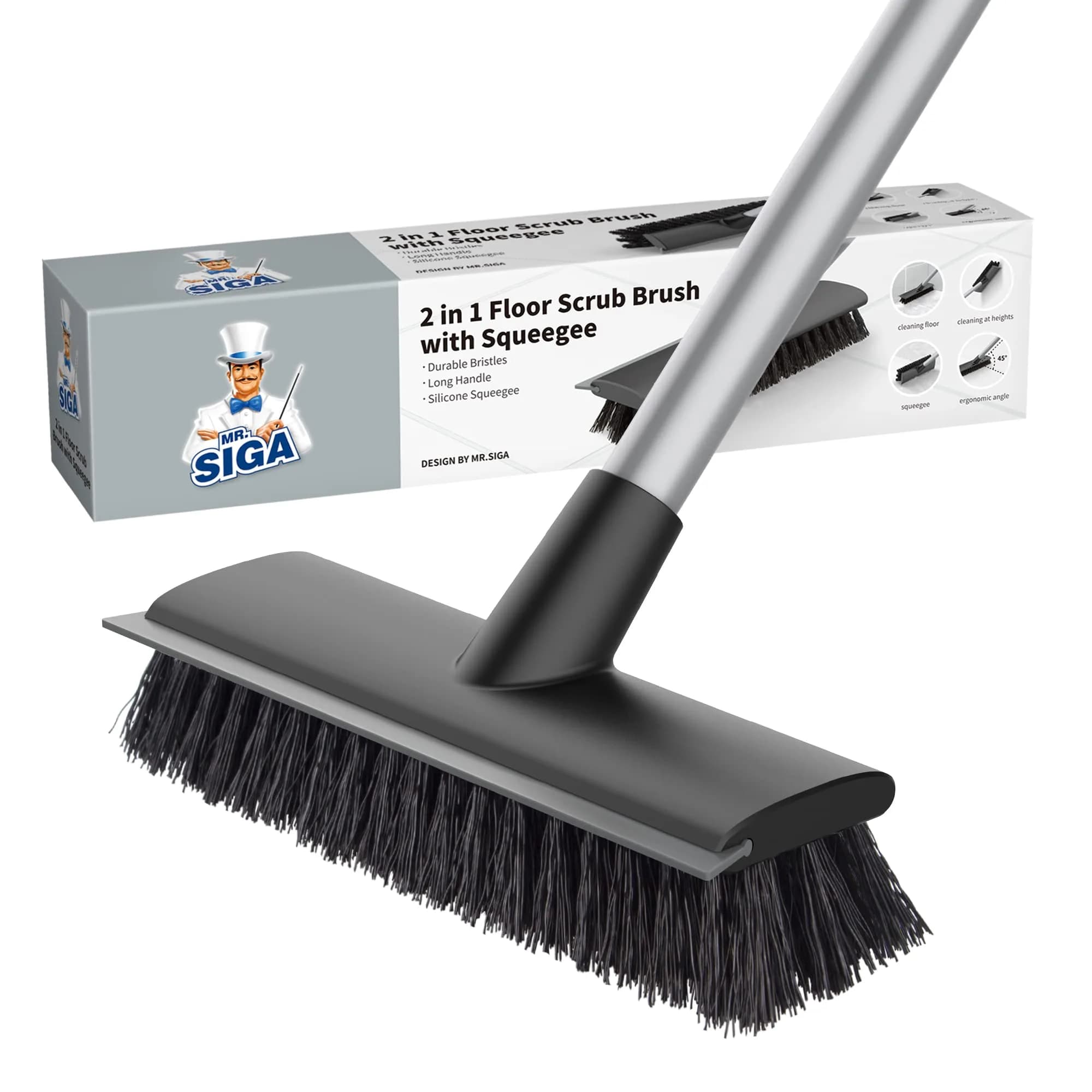 MR.SIGA Floor Scrub Brush with Long Handle & Squeegee, 22.1cm Head | Scrubbing Tools for Tile & Bathroom - main product image
