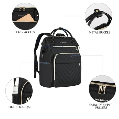 VANKEAN 17.3 Inch Laptop Backpack Quilted Black | Large Capacity Water-Resistant Travel Bag thumbnail 5