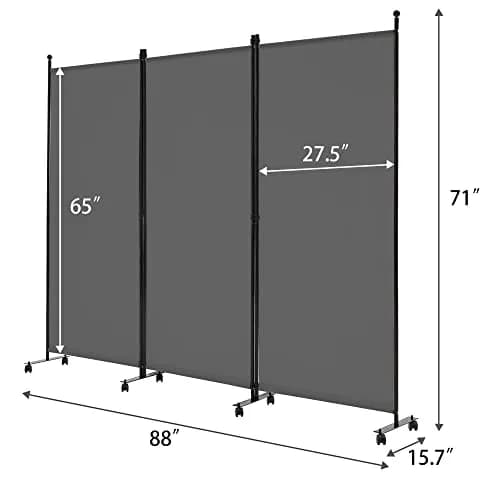 Spurgehom 3 Panel Rolling Room Divider Grey 218.44 cm (86" W x 71" H) | Freestanding Privacy Screen with Wheels thumbnail 6