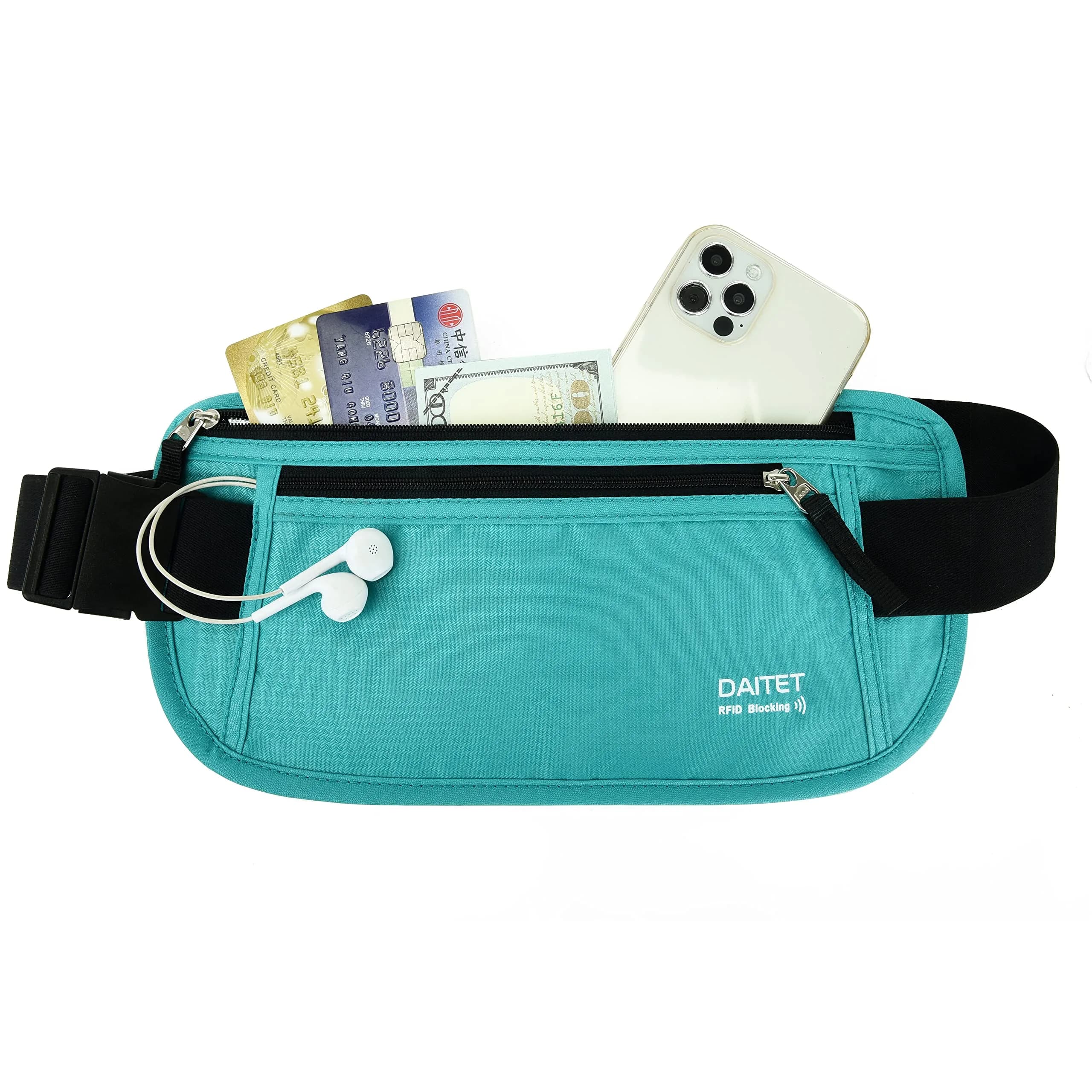 DAITET RFID Blocking Money Belt Slim Fanny Pack for Travel, Running, Passport Holder, Phone, Cash (Black Mint Green)
