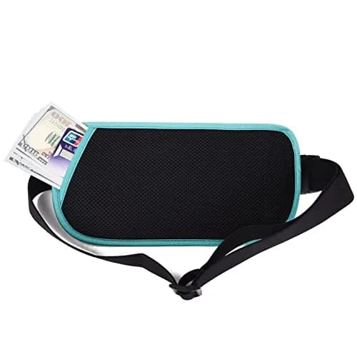 DAITET RFID Blocking Money Belt Slim Fanny Pack for Travel, Running, Passport Holder, Phone, Cash (Black Mint Green) thumbnail 4