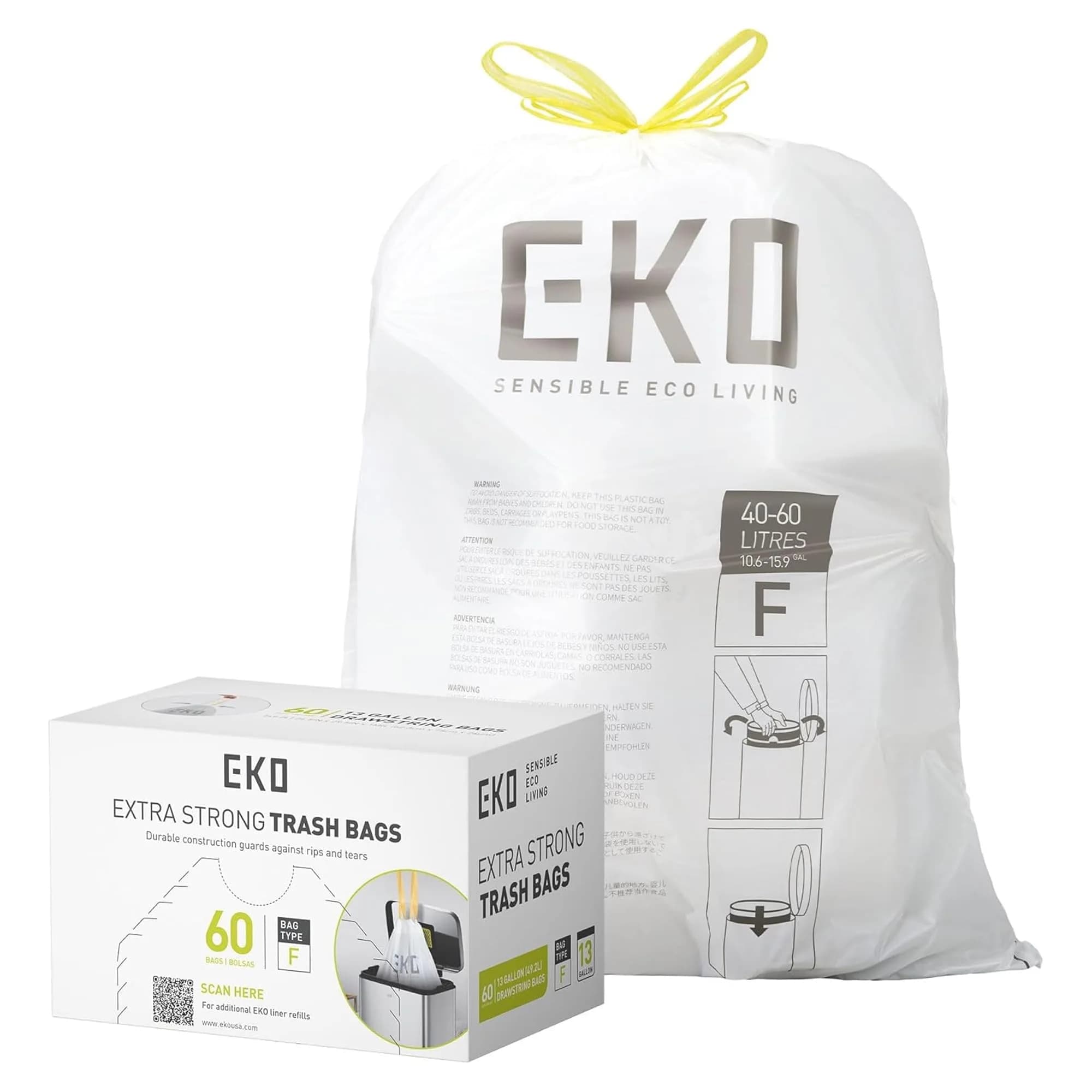EKO 13 Gallon / 40-60 Liter Drawstring Trash Bags, 60 Count | Leak-Resistant Extra-Strong Garbage Bags - main product image