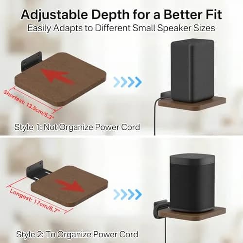 Aiweiwa Small Speaker Shelf Wall Mount Pair, 5.3" x 6.7" Adjustable Rear Speaker Wall Shelves for Small Surround Sound Speakers, Wooden Floating Speaker Wall Shelves, Up to 7 lbs Per Shelf | Compact, Adjustable, Wooden Design thumbnail 3