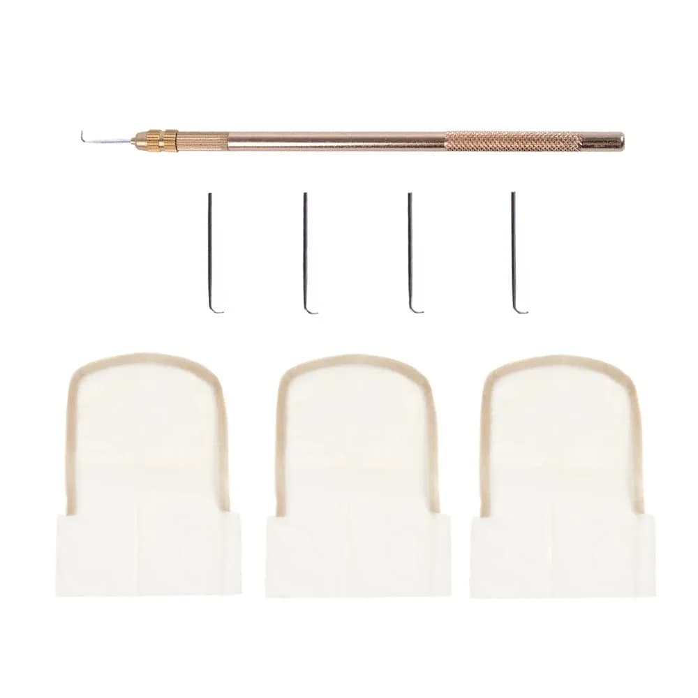 YANTAISIYU Ventilating Needle Set with Swiss Lace Closure Base & Wig Holder | 4 Needles, 3 Bases — Brass,Beige