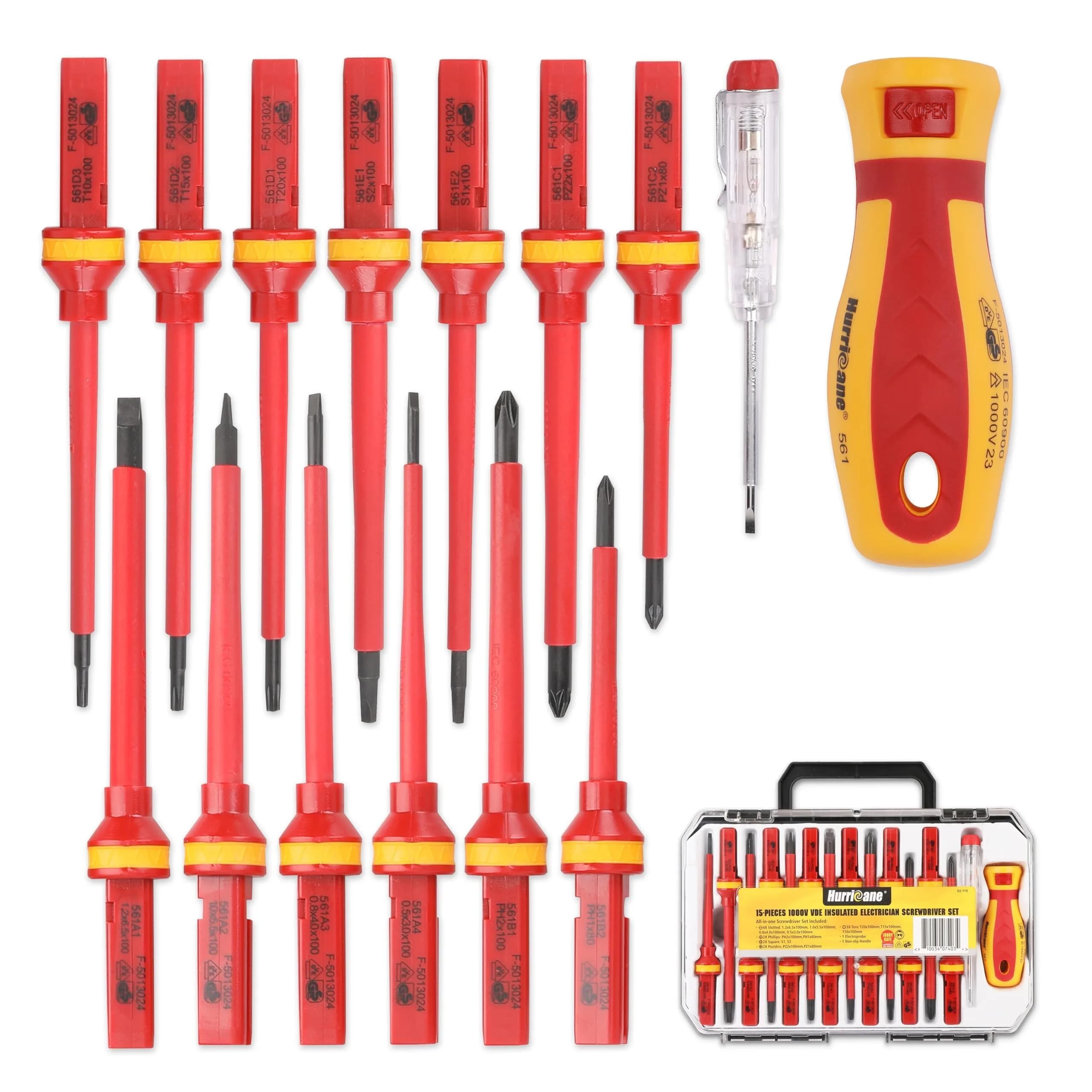 HURRICANE 1000V Insulated Screwdriver Set, 15-Piece Professional Electrician Tool Kit with Magnetic Tips — 15-Piece Complete Insulated Screwdriver Set