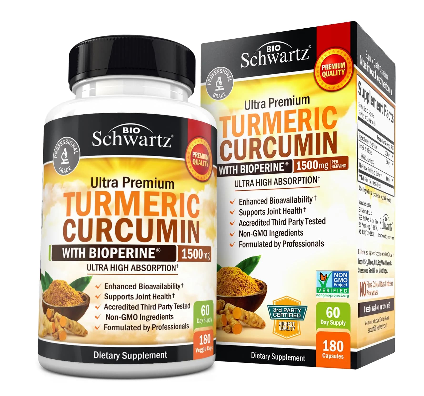 BioSchwartz Turmeric Curcumin with Black Pepper Extract 1500mg 180 Capsules | Advanced Formula for Absorption & Joint Support