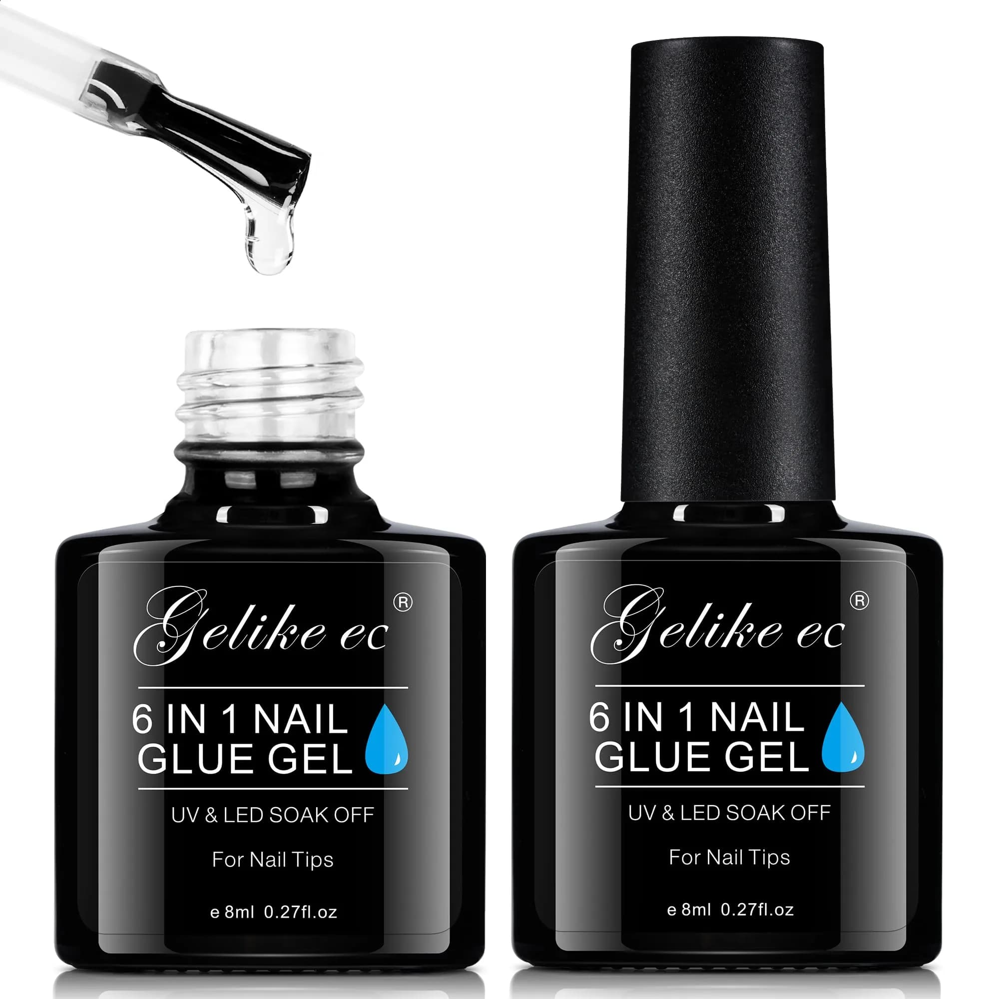 Gelike EC 6 in 1 UV Gel Nail Glue for Press Ons & Nail Tips | 8ml (0.27 Fl Oz) HEMA-Free Formula — 2pcs 8ml gel nail glue