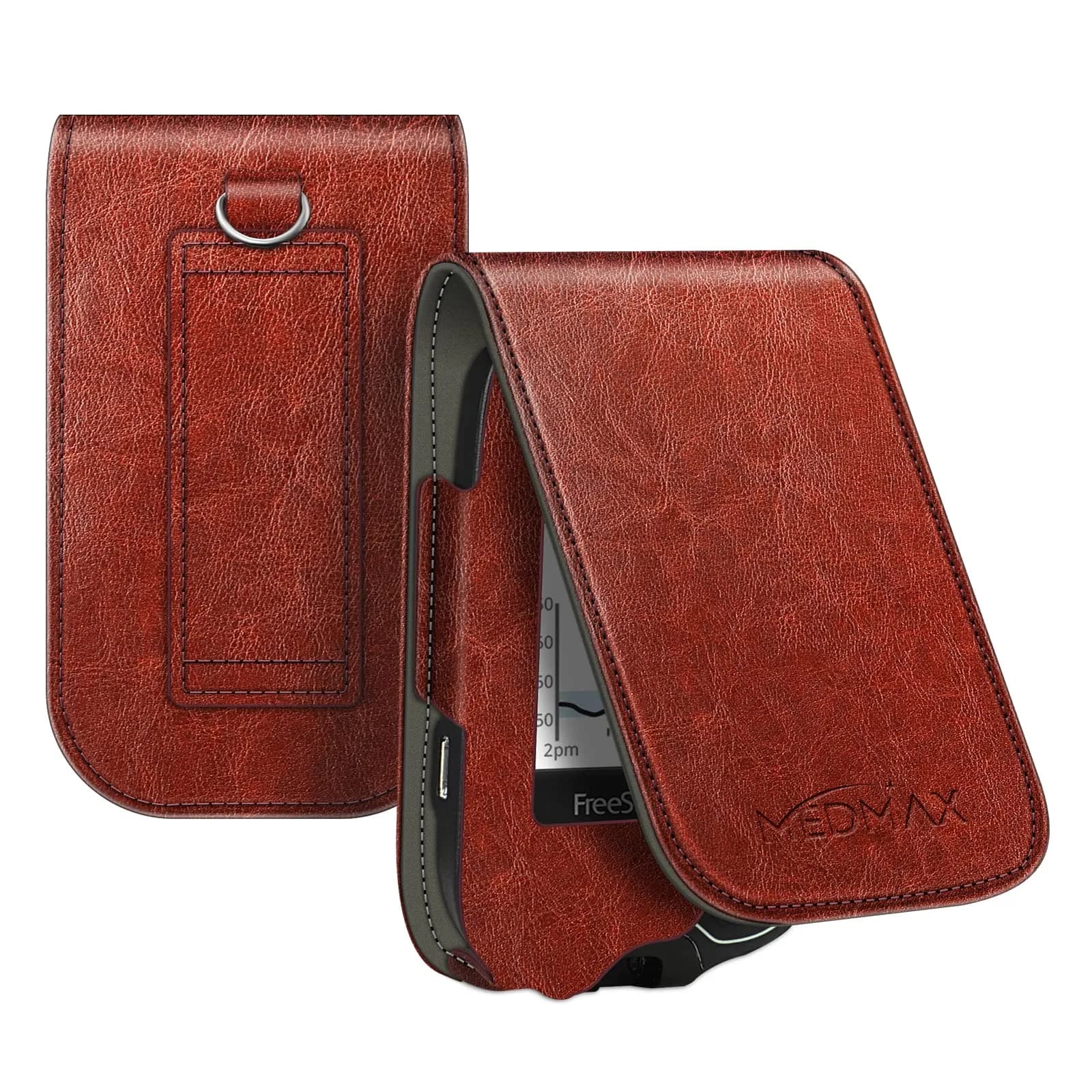 MEDMAX PU Leather Protective Case for Freestyle Libre 3 2 / Reader | Rose Gold, Lightweight Shockproof Diabetic Storage Carrying Case with Carabiner Clip and Handle (1-Pack) — Brown