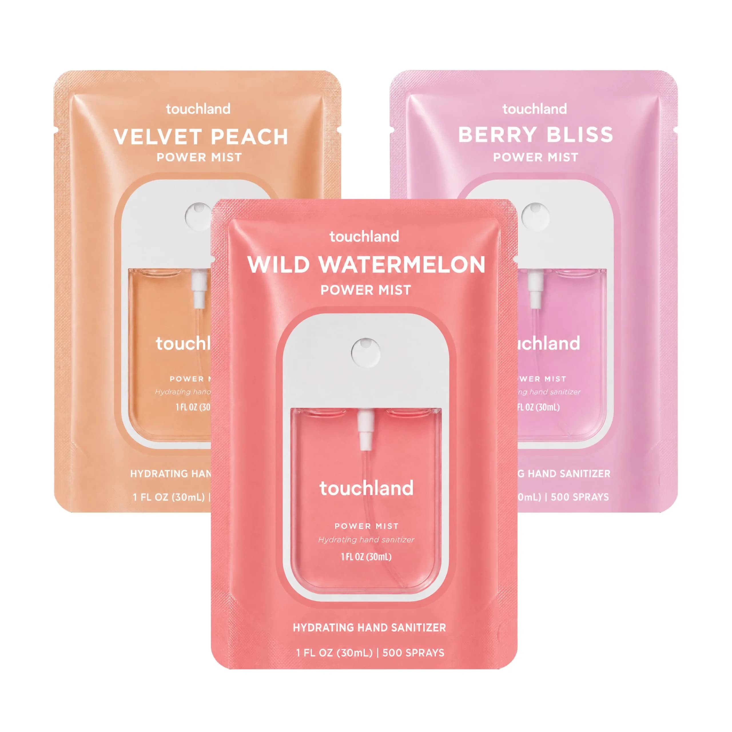 Touchland Fresh Trio Hydrating Hand Sanitizer Spray Set Travel Size | 3 x 29.57ml (3 Fl Oz) | Skincare-Forward Germ Defense — Juicy Trio Set