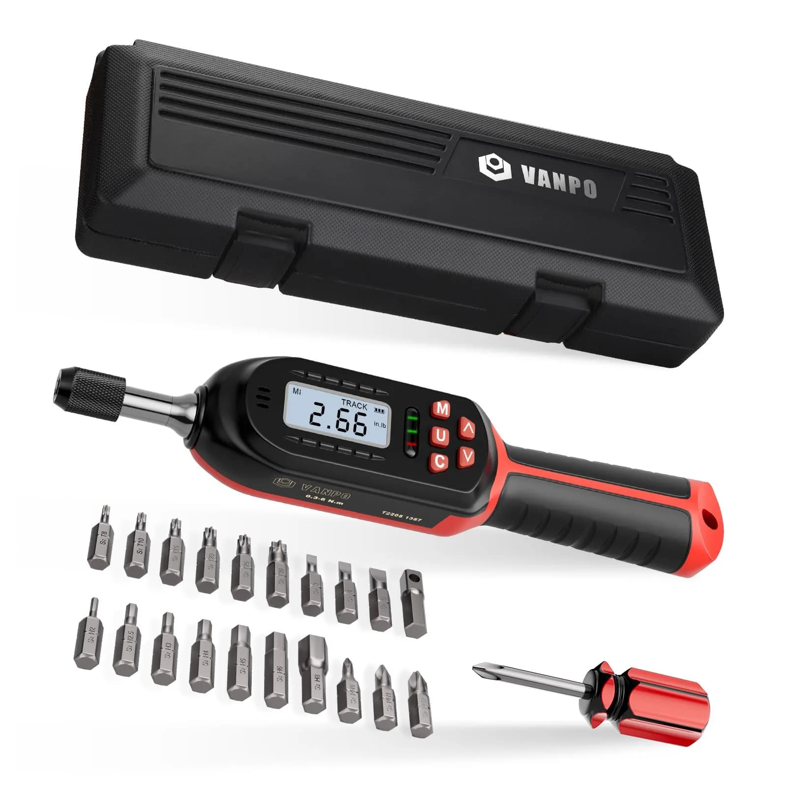 VANPO Digital Torque Screwdriver 0.3-6 Nm (2.66-53.10 in-lb) | ±2% Accuracy, 1/4" Drive — 2.65-53.10 in.lb / 21 Piece