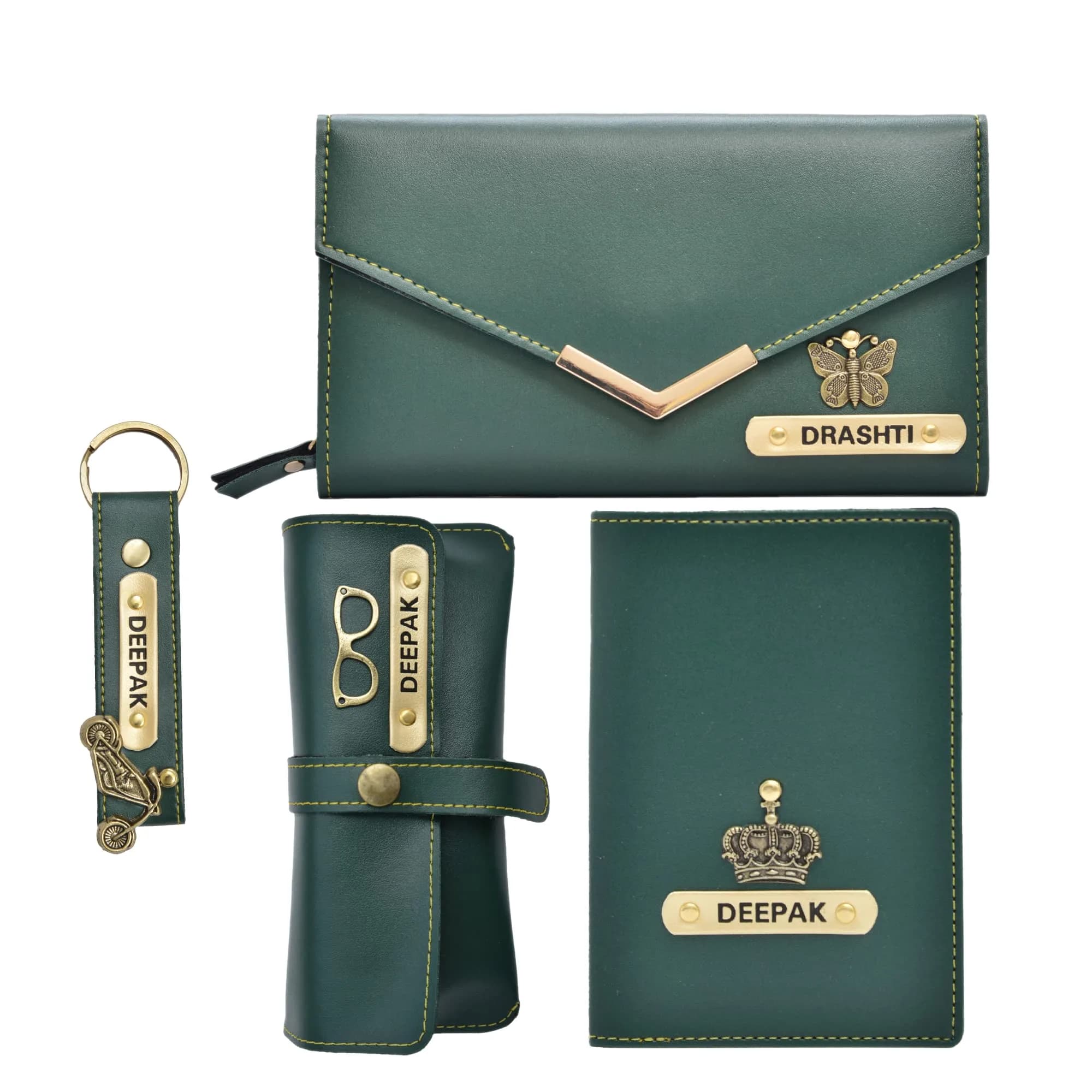 YOUR GIFT STUDIO Personalised Leather Gift Set for Women | Wallet, Passport Cover, Sunglasses Case, Keychain (Green) — Green