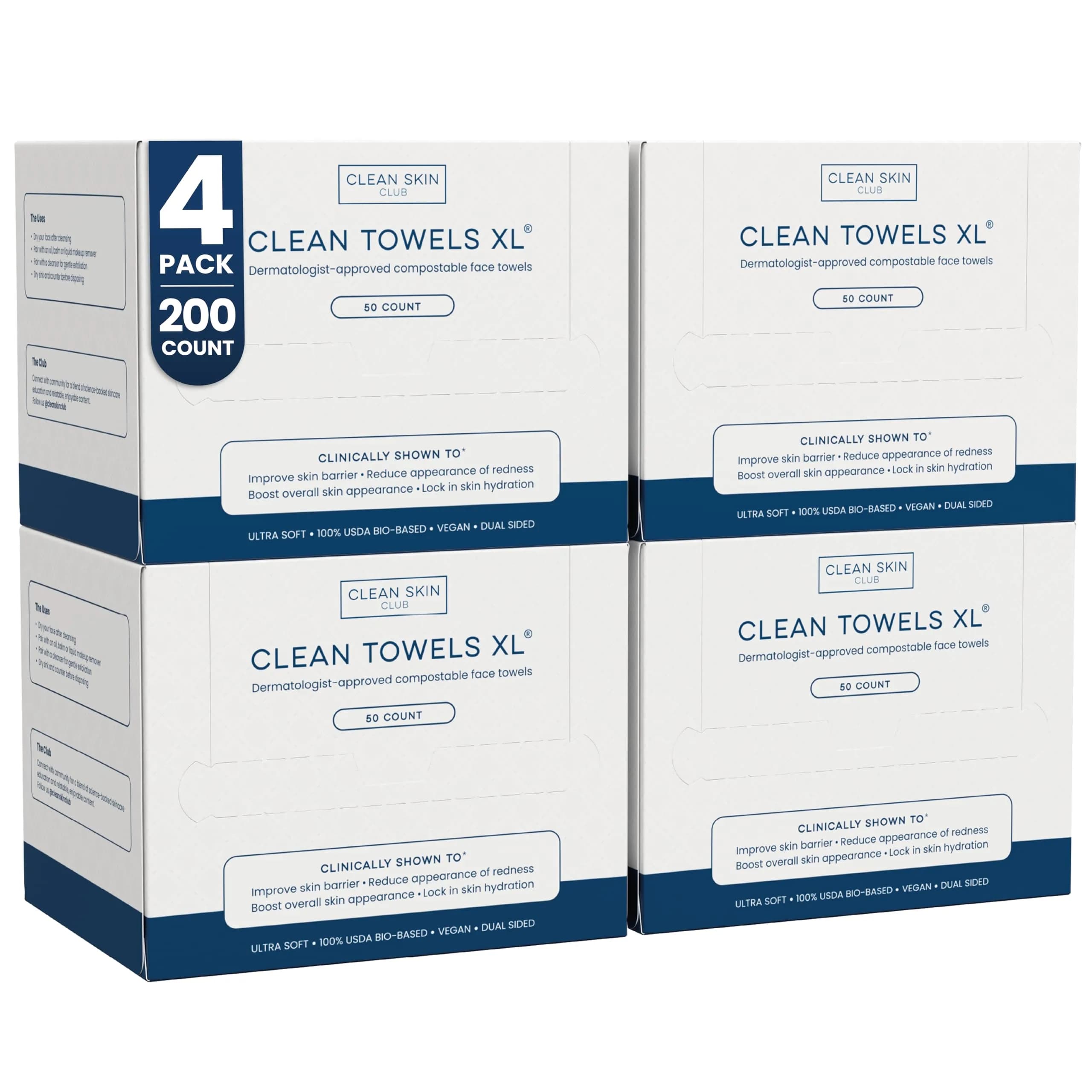 Clean Skin Club Clean Towels XL® Disposable Face Towelettes, 200 Count Value Pack | USDA Biobased Eczema Association Accepted