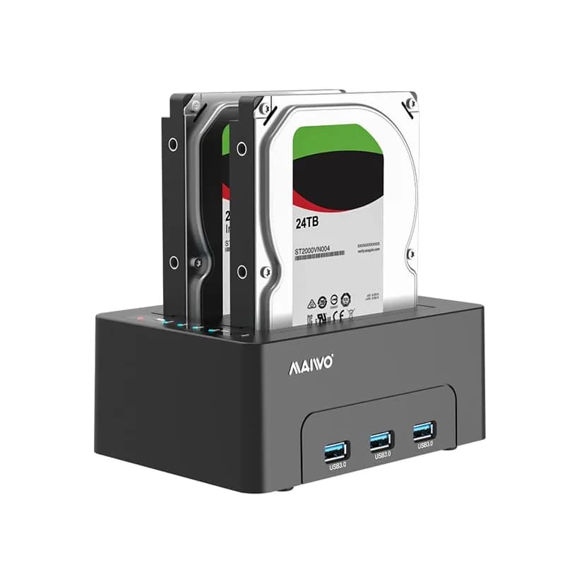 MAIWO Dual Bay Hard Drive Docking Station Cloner 2.5/3.5 Inch SATA HDD SSD | 48TB Capacity, 3x USB 3.0 Hub, 12V 3A Power thumbnail 2