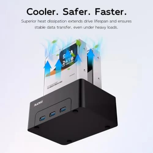 MAIWO Dual Bay Hard Drive Docking Station Cloner 2.5/3.5 Inch SATA HDD SSD | 48TB Capacity, 3x USB 3.0 Hub, 12V 3A Power thumbnail 6