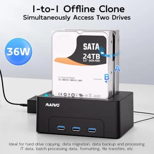 MAIWO Dual Bay Hard Drive Docking Station Cloner 2.5/3.5 Inch SATA HDD SSD | 48TB Capacity, 3x USB 3.0 Hub, 12V 3A Power thumbnail 3