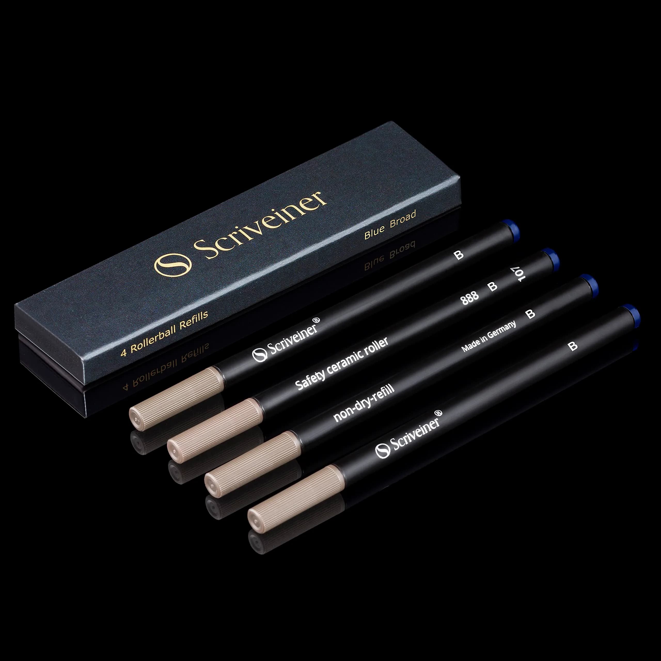Scriveiner Rollerball Refill Black Medium 4 Pack (11.6cm x 1cm x 2.8cm) | Smooth Ink Flow — Blue / Broad Nib