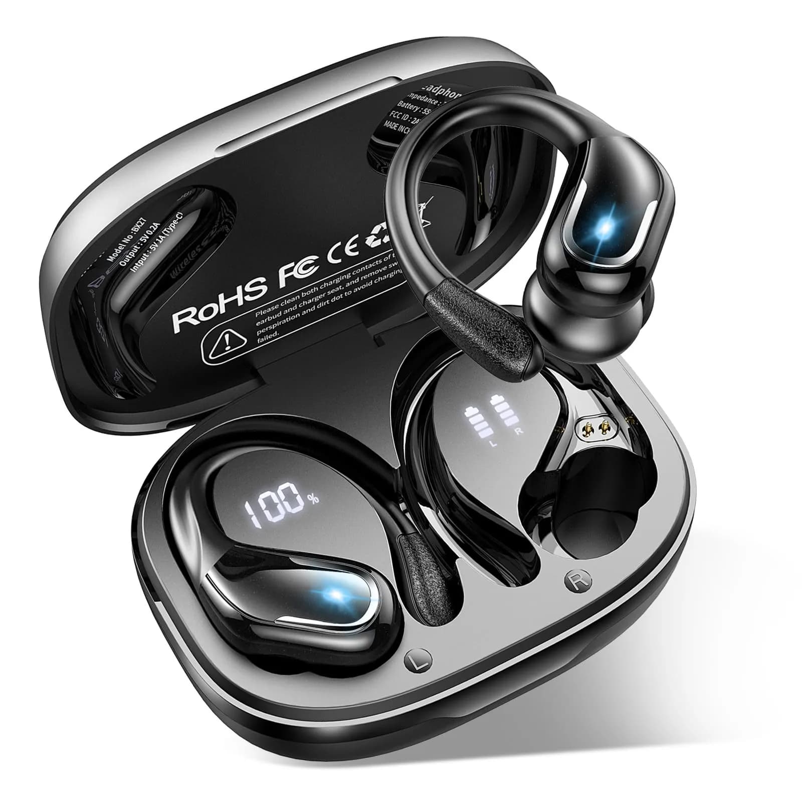 Ltinist Wireless Earbuds with Earhooks, 75Hrs Playtime, IP7 Waterproof, ENC Noise Cancelling, Bluetooth 5.4, Deep Bass (Black) — carbon black