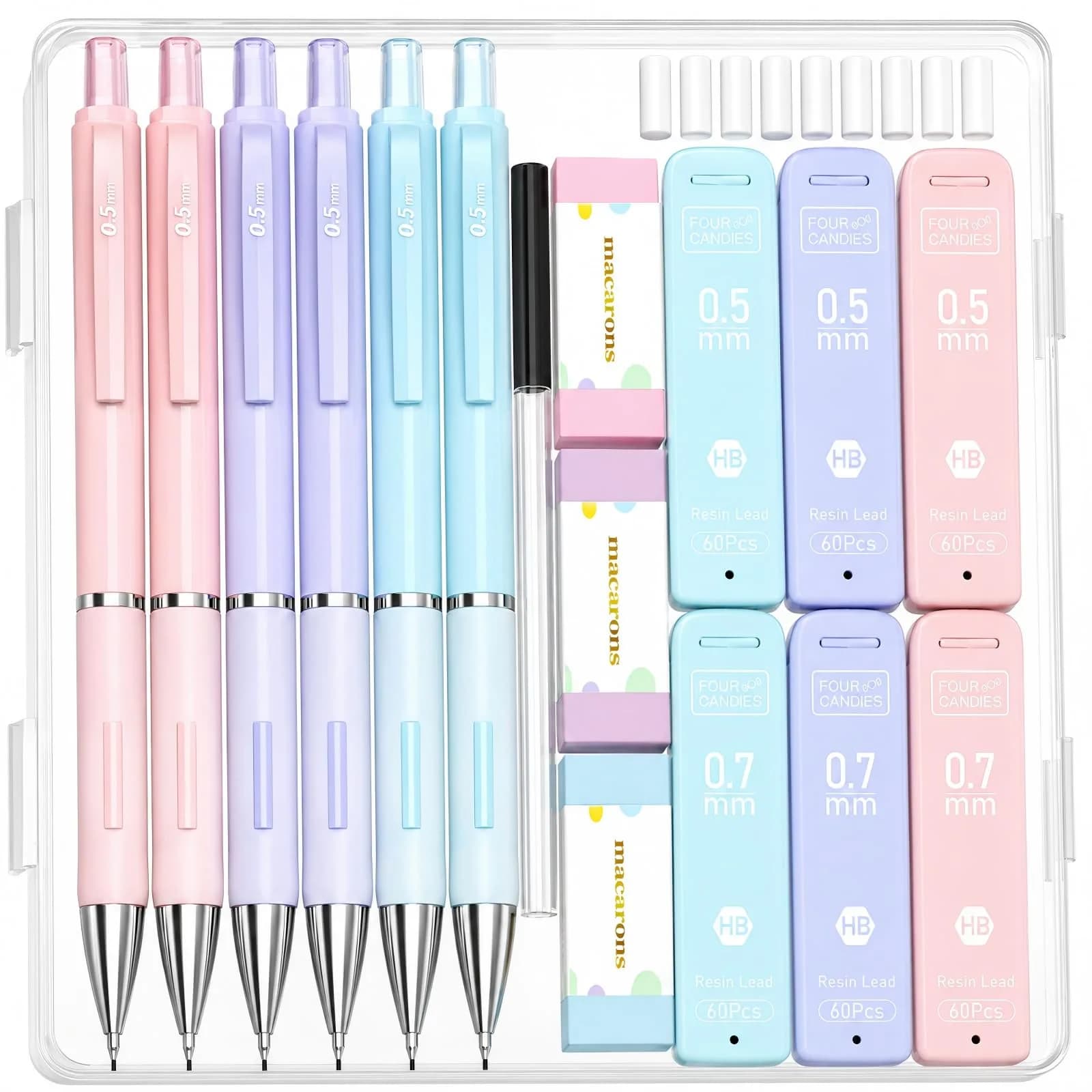 Four Candies Pastel Mechanical Pencil Set 0.7mm | Bulk Pack with 360 Leads & Erasers — 0.5mm+0.7mm