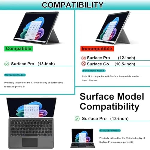 Arteck Bluetooth Keyboard for Surface Pro 10/9/8/X with Touchpad & Rechargeable Battery | Ultra-Slim Portable Wireless Type Cover thumbnail 2
