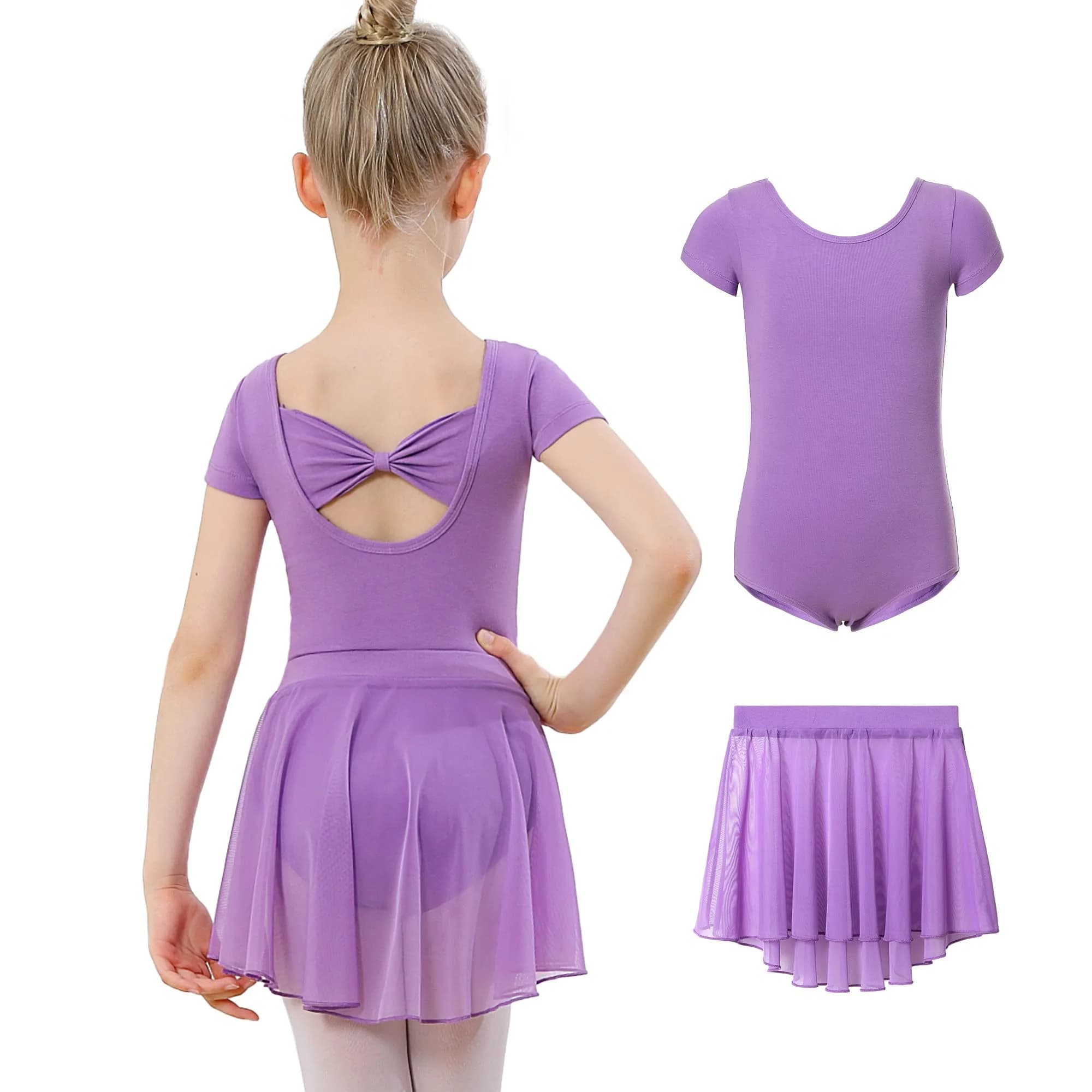 DIPUG Pink Girls Ballet Leotard with Removable Skirt Toddler Dance Dress Combo | 2-Piece Split Outfit for Ages 2-12 — Purple-short Sleeve / 8-10 Years