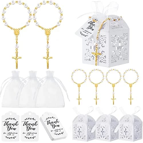 Yinkin Gold Party Favor Sets | 100 Pieces Baptism & Wedding Gifts (4.5 inch Rosaries, Boxes, Bags, Tags) thumbnail 1